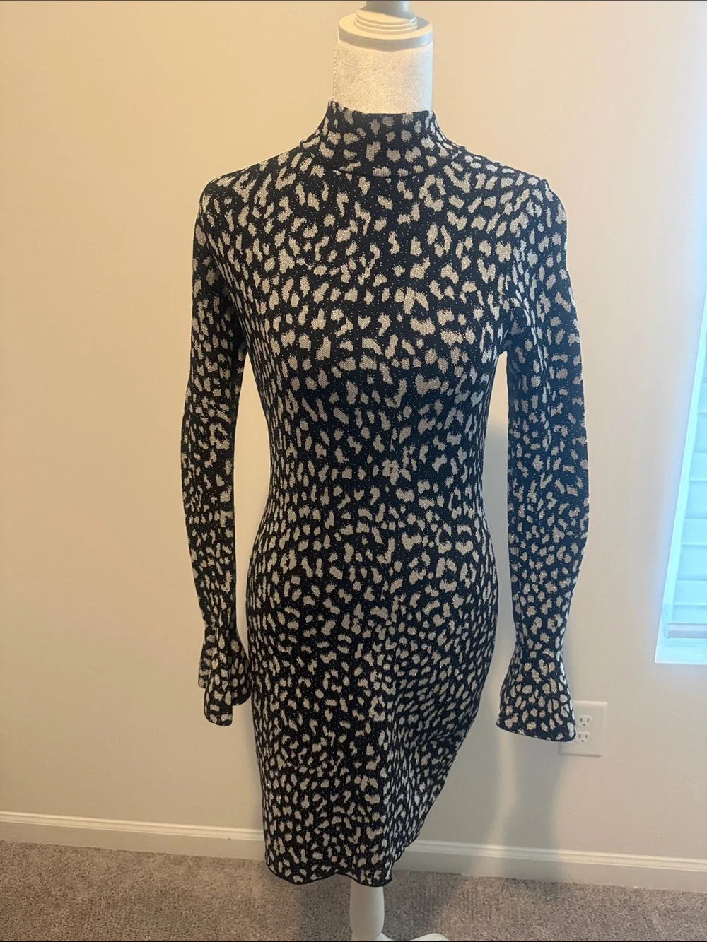 Michael Kors Black and Silver Long Sleeve Mock Neck Knit Dress